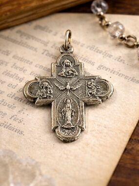 Vintage Italian 4 Way Cross Pendant 1” Catholic Medal Sacred Heart Miraculous